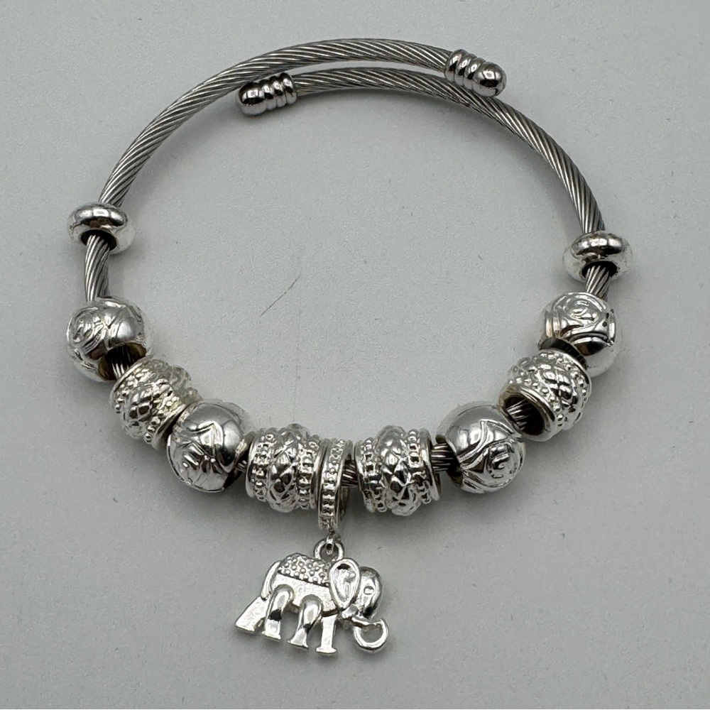 Silver Tone Elephant Charm Beaded Bangle Bracelet Adjustable